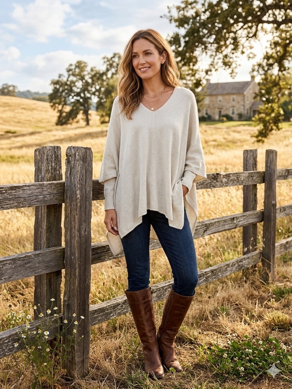 RDI Cream V-Neck Poncho Sweater